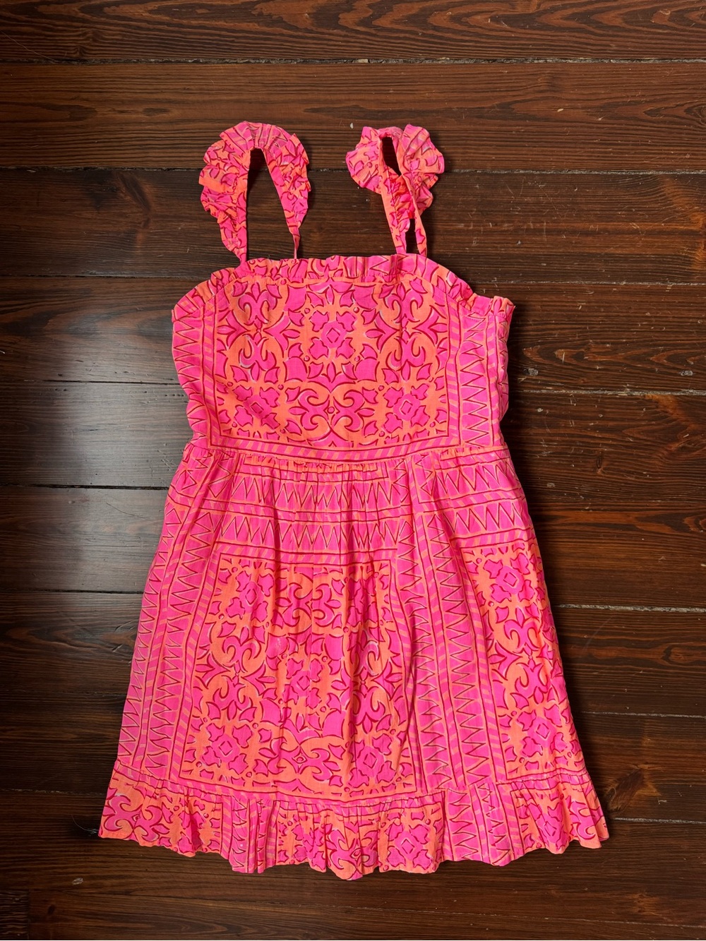 Vineyard Vines Pink and Orange Ruffle Strap Printed Dress Small 7/8